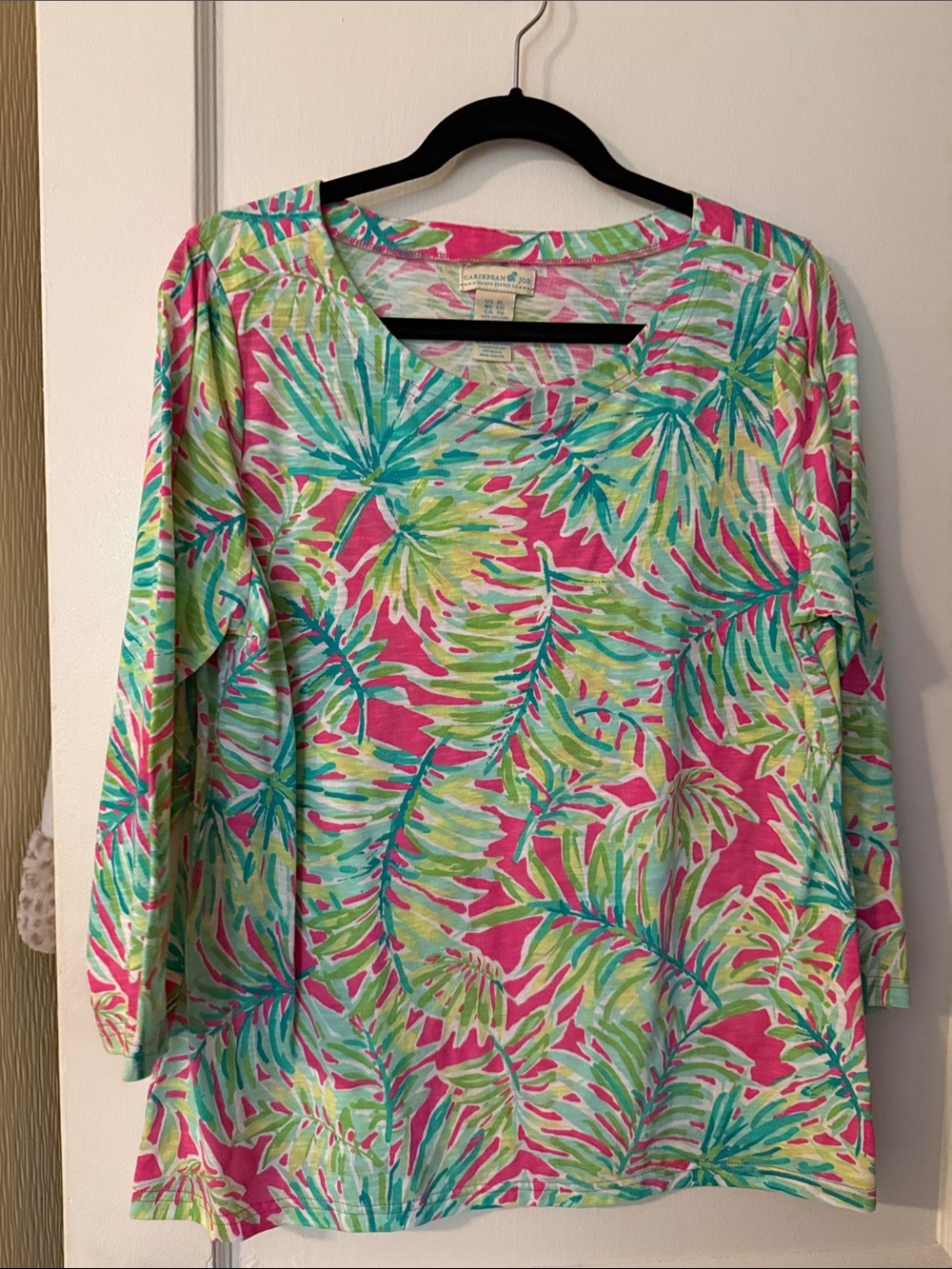 Caribbean Joe Tropical Leaf Print Top - Pink, Green, Turquoise